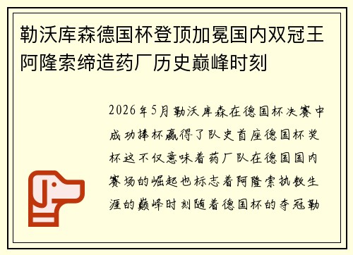 勒沃库森德国杯登顶加冕国内双冠王阿隆索缔造药厂历史巅峰时刻